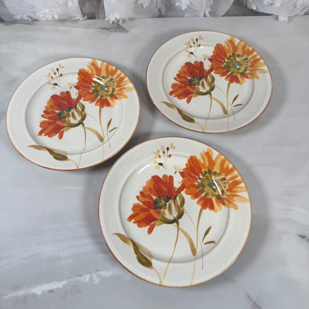 222 Fifth Danielle Stoneware Salad‎ Plates Set of 3 Dessert Floral Sunflower